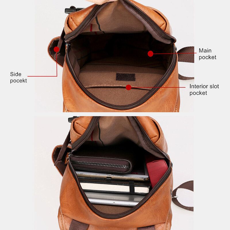 Hommes En Cuir Pu Grande Capacité Multifonction Casque Trou Usb Charge Court Voyage Sacs À Bandoulière Sac À Bandoulière Sac De Poitrine