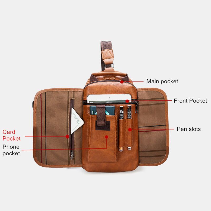 Hommes En Cuir Pu Grande Capacité Multifonction Casque Trou Usb Charge Court Voyage Sacs À Bandoulière Sac À Bandoulière Sac De Poitrine