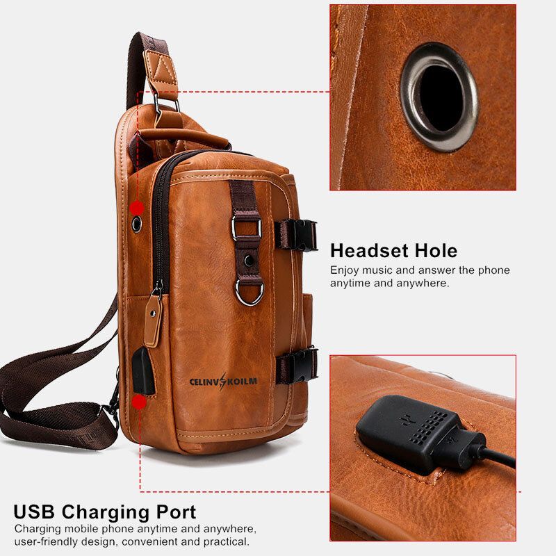 Hommes En Cuir Pu Grande Capacité Multifonction Casque Trou Usb Charge Court Voyage Sacs À Bandoulière Sac À Bandoulière Sac De Poitrine