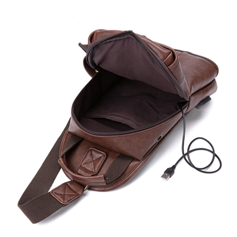 Hommes En Cuir Pu Grande Capacité Multifonction Casque Trou Usb Charge Court Voyage Sacs À Bandoulière Sac À Bandoulière Sac De Poitrine