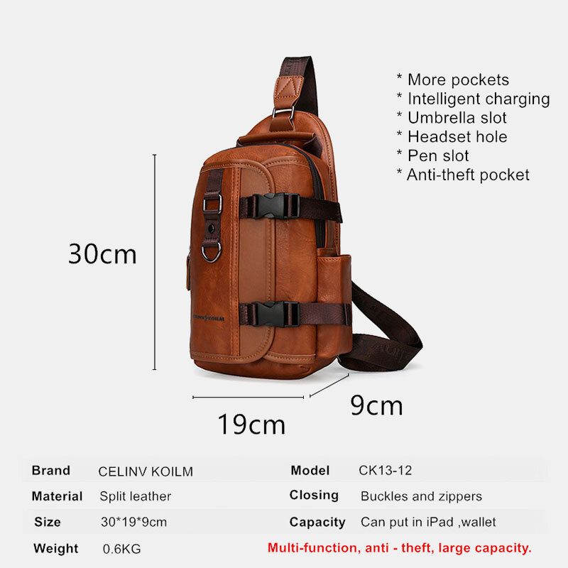 Hommes En Cuir Pu Grande Capacité Multifonction Casque Trou Usb Charge Court Voyage Sacs À Bandoulière Sac À Bandoulière Sac De Poitrine