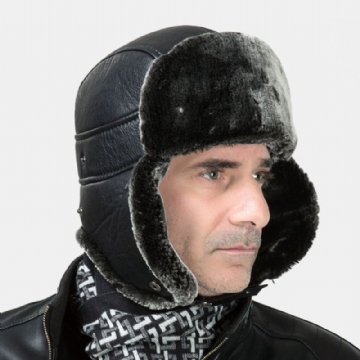 Hommes Cuir Pu Hiver Épaissir Plus Velours Chaud Trappeur Chapeau Extérieur Coupe-vent Cool Protection Ushanka Chapeau