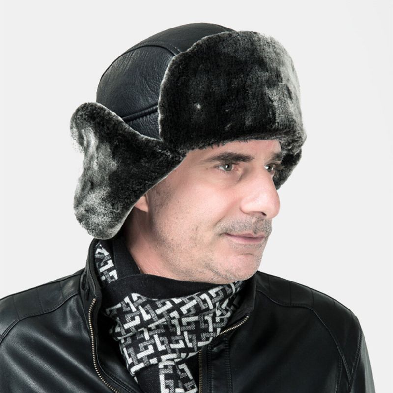 Hommes Cuir Pu Hiver Épaissir Plus Velours Chaud Trappeur Chapeau Extérieur Coupe-vent Cool Protection Ushanka Chapeau