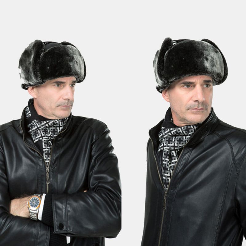 Hommes Cuir Pu Hiver Épaissir Plus Velours Chaud Trappeur Chapeau Extérieur Coupe-vent Cool Protection Ushanka Chapeau