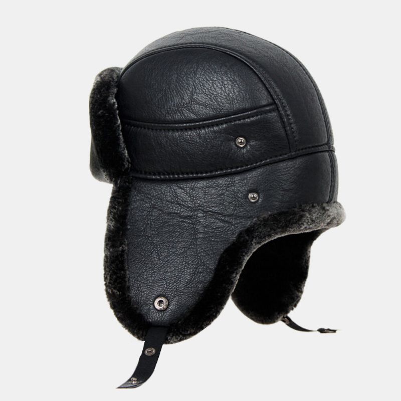 Hommes Cuir Pu Hiver Épaissir Plus Velours Chaud Trappeur Chapeau Extérieur Coupe-vent Cool Protection Ushanka Chapeau