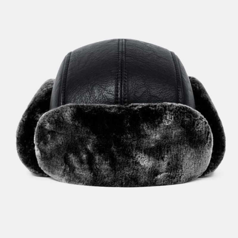 Hommes Cuir Pu Hiver Épaissir Plus Velours Chaud Trappeur Chapeau Extérieur Coupe-vent Cool Protection Ushanka Chapeau