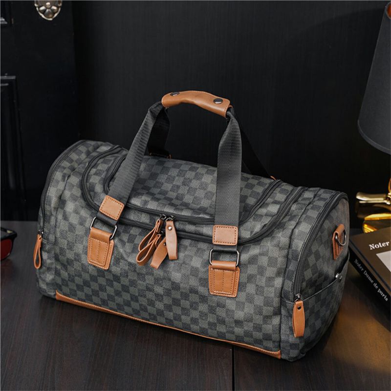 Hommes En Cuir Pu Motif À Carreaux Sac À Main Multifonction Mode Multi-poches Sac De Voyage Sac De Fitness Sac À Bandoulière Sac À Bandoulière