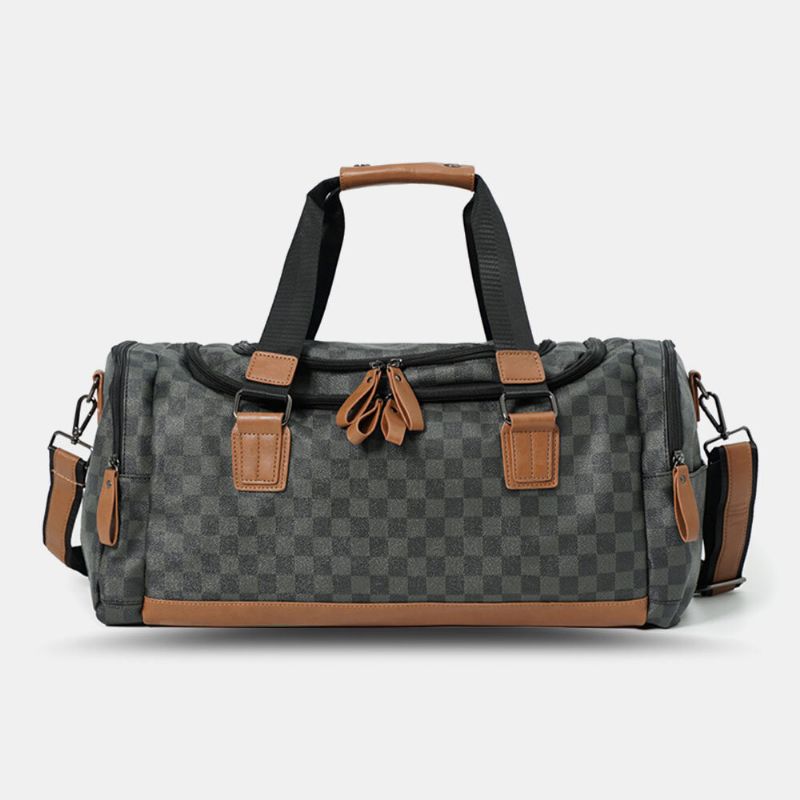 Hommes En Cuir Pu Motif À Carreaux Sac À Main Multifonction Mode Multi-poches Sac De Voyage Sac De Fitness Sac À Bandoulière Sac À Bandoulière