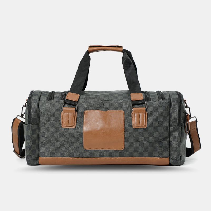 Hommes En Cuir Pu Motif À Carreaux Sac À Main Multifonction Mode Multi-poches Sac De Voyage Sac De Fitness Sac À Bandoulière Sac À Bandoulière