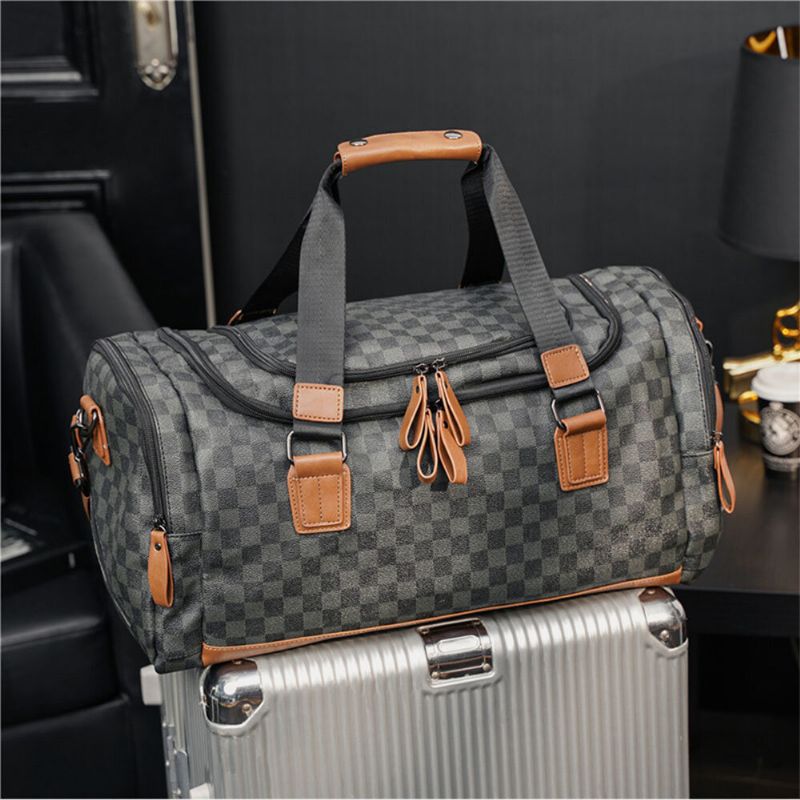 Hommes En Cuir Pu Motif À Carreaux Sac À Main Multifonction Mode Multi-poches Sac De Voyage Sac De Fitness Sac À Bandoulière Sac À Bandoulière