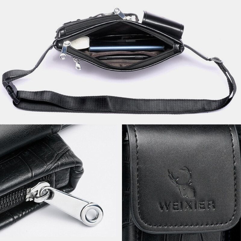 Hommes En Cuir Pu Multi-poches Résistant À L'usure Sac De Poitrine Taille Sac Casque Trou Conception 6.5 Pouces Téléphone Sac Bandoulière Sacs