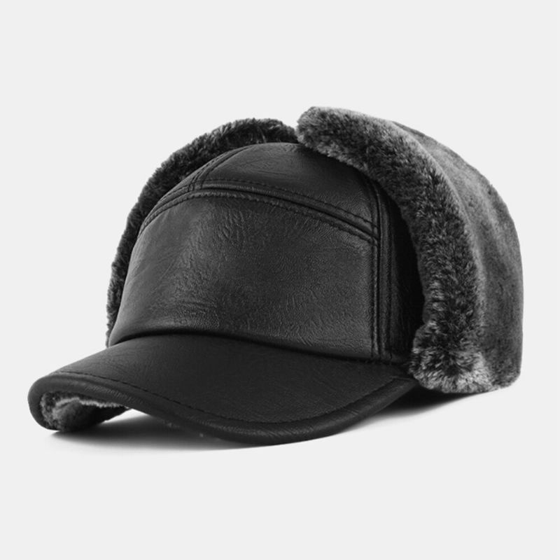 Hommes En Cuir Pu En Peluche Épaissir Extérieur Coupe-vent Protection Des Oreilles Chaleur Trappeur Chapeau Ushanka Chapeau