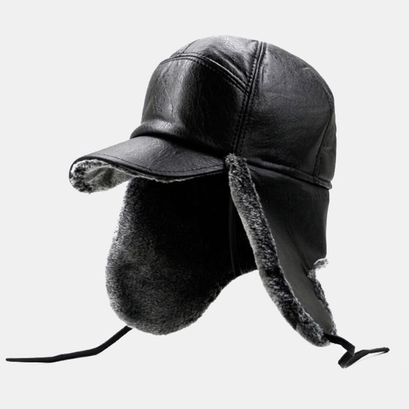 Hommes En Cuir Pu En Peluche Épaissir Extérieur Coupe-vent Protection Des Oreilles Chaleur Trappeur Chapeau Ushanka Chapeau