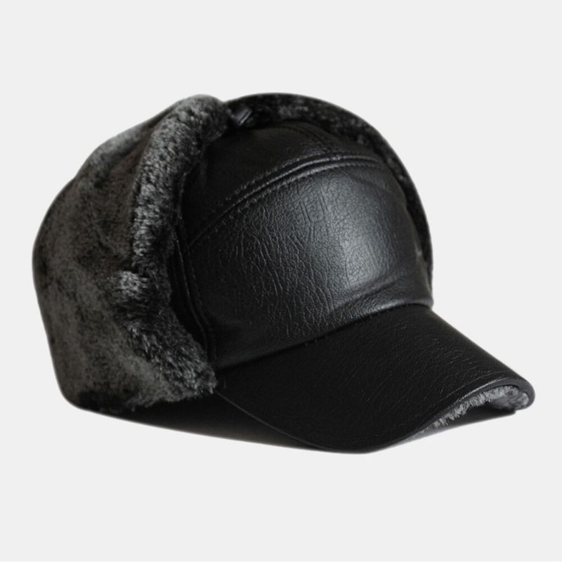 Hommes En Cuir Pu En Peluche Épaissir Extérieur Coupe-vent Protection Des Oreilles Chaleur Trappeur Chapeau Ushanka Chapeau