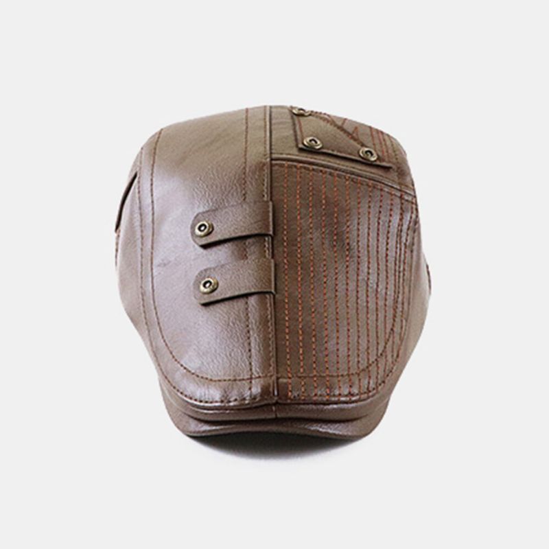 Hommes En Cuir Pu Rayure Point Grand Bord Béret Casquette Plate Décontracté Côté Boucle Réglable Gavroche Chapeau Avant Chapeau