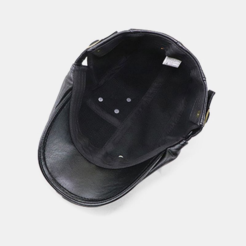 Hommes En Cuir Pu Rayure Point Grand Bord Béret Casquette Plate Décontracté Côté Boucle Réglable Gavroche Chapeau Avant Chapeau