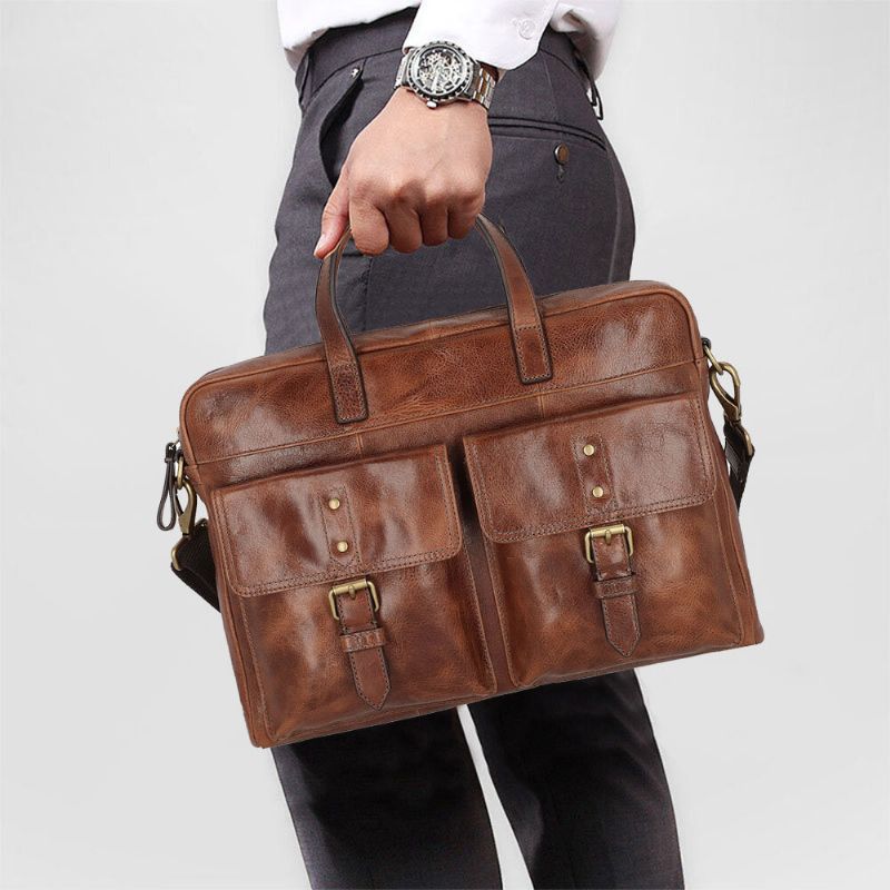 Hommes En Cuir Pu Vintage Affaires Polyvalent Multi-poches Enseignant Sac Porte-documents Multifonction Sac À Bandoulière Sac À Main