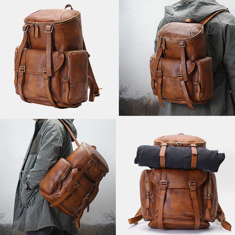 Hommes En Cuir Pu Vintage Business Style Couleur Unie Multi-poches 15 Pouces Pochette D'ordinateur Sac De Voyage Sac À Dos