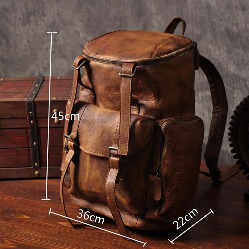 Hommes En Cuir Pu Vintage Business Style Couleur Unie Multi-poches 15 Pouces Pochette D'ordinateur Sac De Voyage Sac À Dos