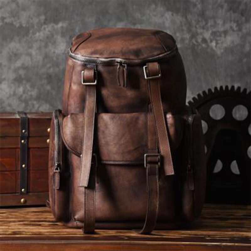 Hommes En Cuir Pu Vintage Business Style Couleur Unie Multi-poches 15 Pouces Pochette D'ordinateur Sac De Voyage Sac À Dos