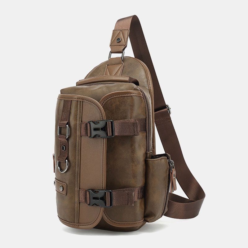 Hommes En Cuir Pu Vintage Multifonction Écouteur Trou Usb Charge Sac À Bandoulière Sac De Poitrine Sac À Bandoulière