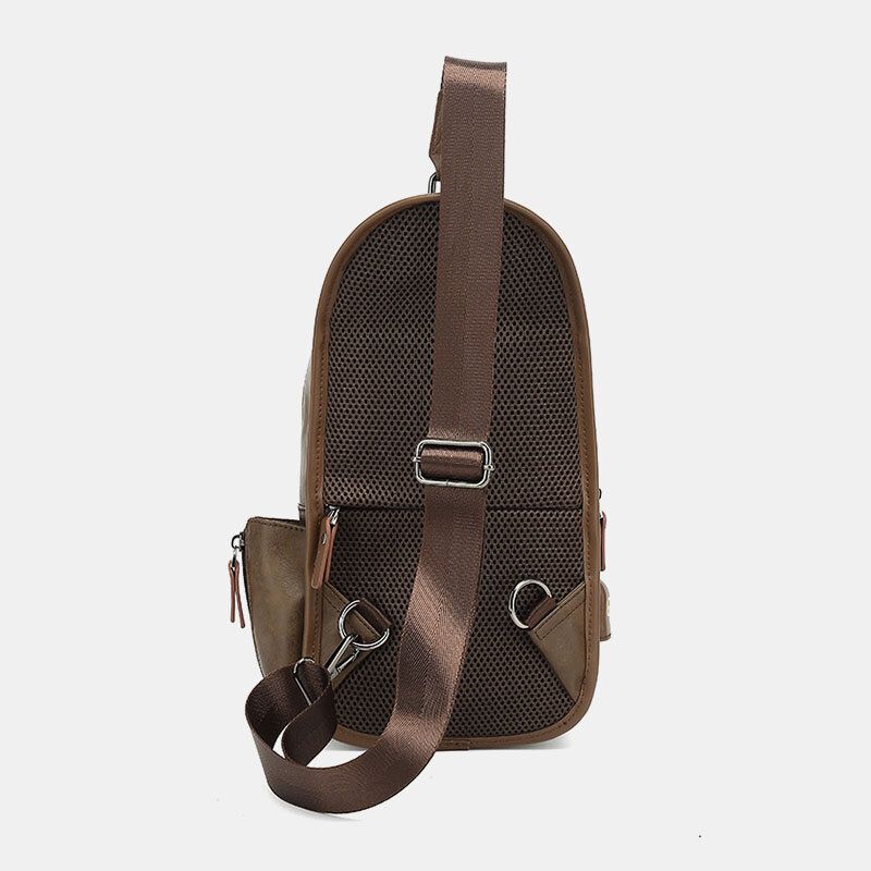 Hommes En Cuir Pu Vintage Multifonction Écouteur Trou Usb Charge Sac À Bandoulière Sac De Poitrine Sac À Bandoulière