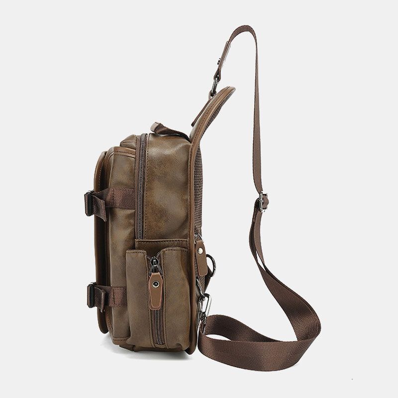 Hommes En Cuir Pu Vintage Multifonction Écouteur Trou Usb Charge Sac À Bandoulière Sac De Poitrine Sac À Bandoulière