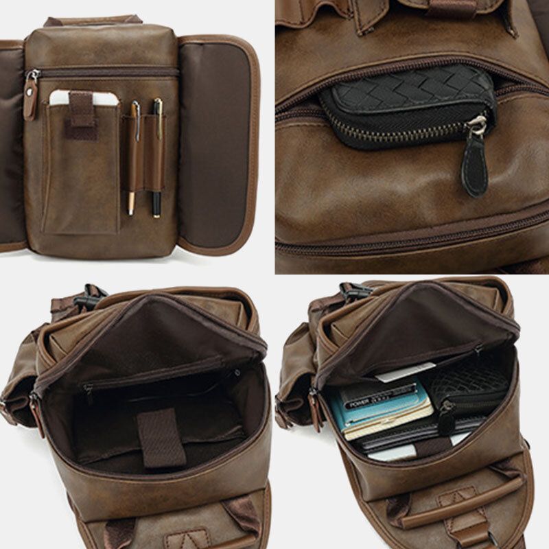 Hommes En Cuir Pu Vintage Multifonction Écouteur Trou Usb Charge Sac À Bandoulière Sac De Poitrine Sac À Bandoulière