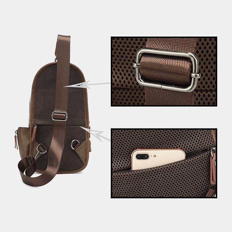 Hommes En Cuir Pu Vintage Multifonction Écouteur Trou Usb Charge Sac À Bandoulière Sac De Poitrine Sac À Bandoulière