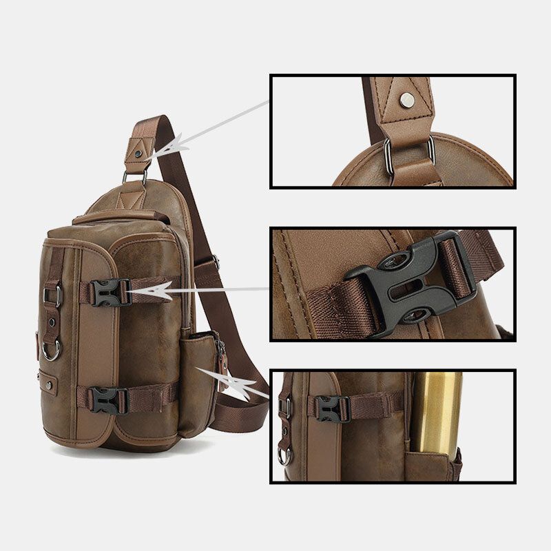 Hommes En Cuir Pu Vintage Multifonction Écouteur Trou Usb Charge Sac À Bandoulière Sac De Poitrine Sac À Bandoulière