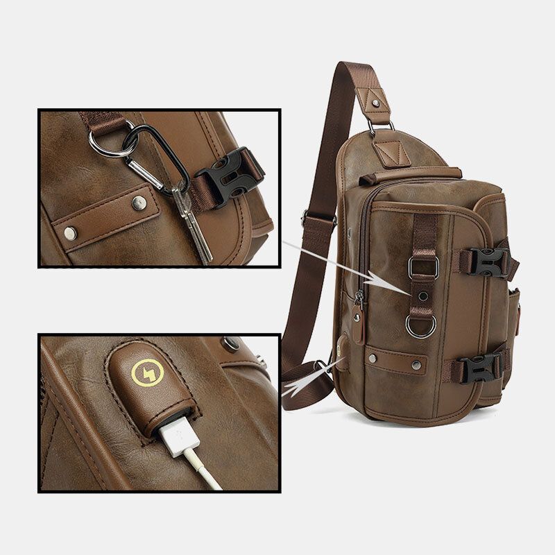 Hommes En Cuir Pu Vintage Multifonction Écouteur Trou Usb Charge Sac À Bandoulière Sac De Poitrine Sac À Bandoulière