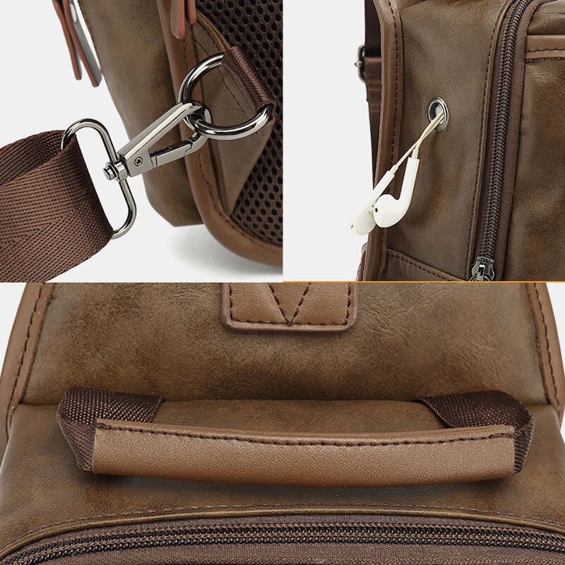 Hommes En Cuir Pu Vintage Multifonction Écouteur Trou Usb Charge Sac À Bandoulière Sac De Poitrine Sac À Bandoulière