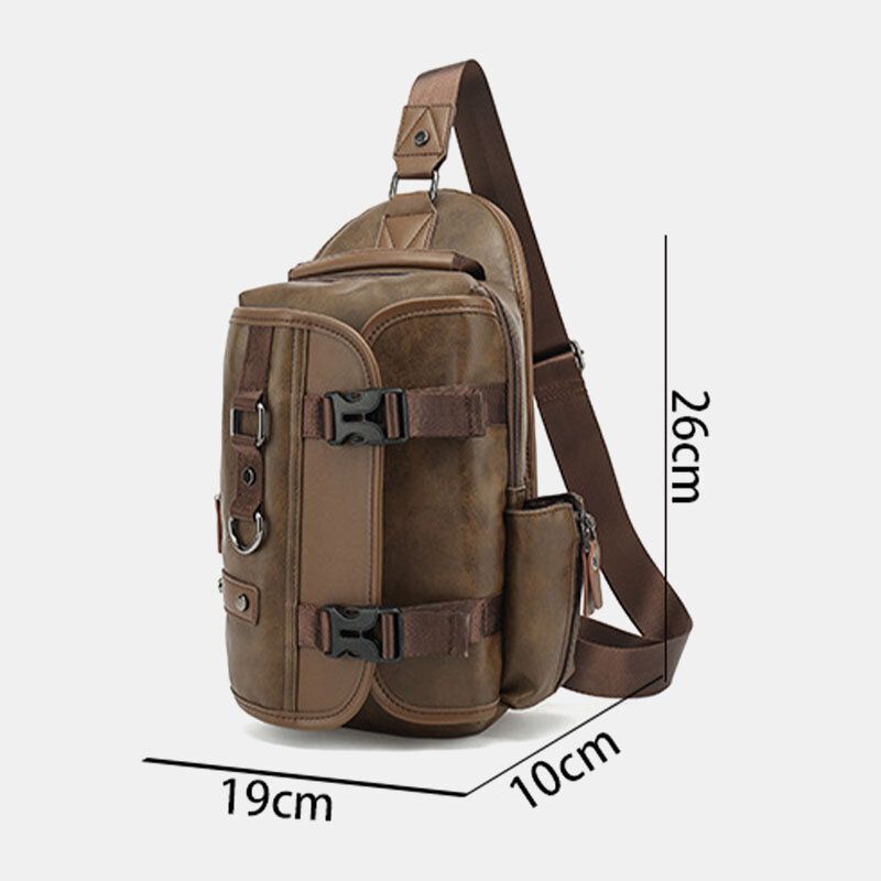 Hommes En Cuir Pu Vintage Multifonction Écouteur Trou Usb Charge Sac À Bandoulière Sac De Poitrine Sac À Bandoulière