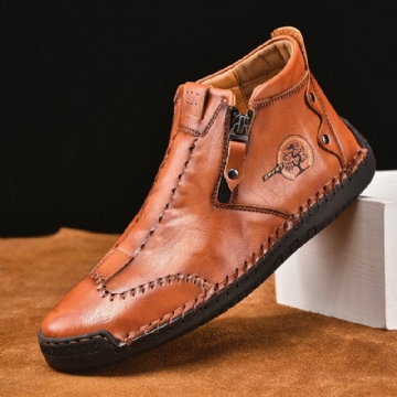 Hommes Cuir Respirant Couture À La Main Semelle Souple Confortable Brève Fermeture Éclair Décontracté Bottines