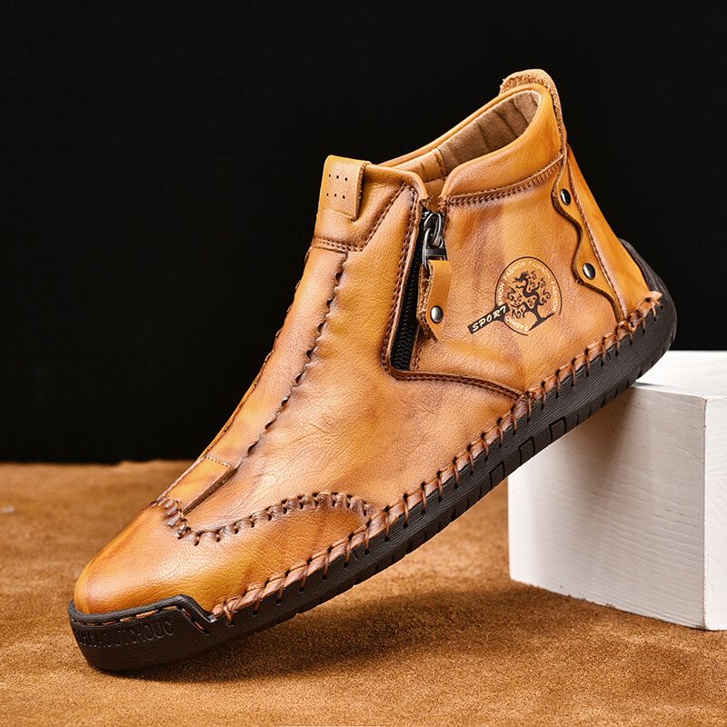 Hommes Cuir Respirant Couture À La Main Semelle Souple Confortable Brève Fermeture Éclair Décontracté Bottines