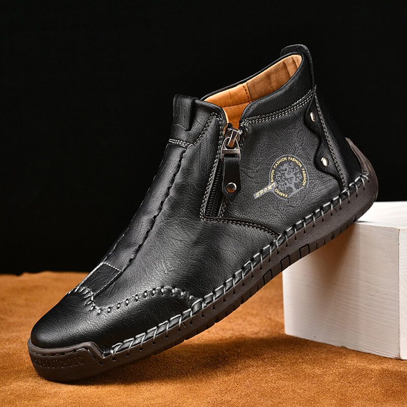 Hommes Cuir Respirant Couture À La Main Semelle Souple Confortable Brève Fermeture Éclair Décontracté Bottines