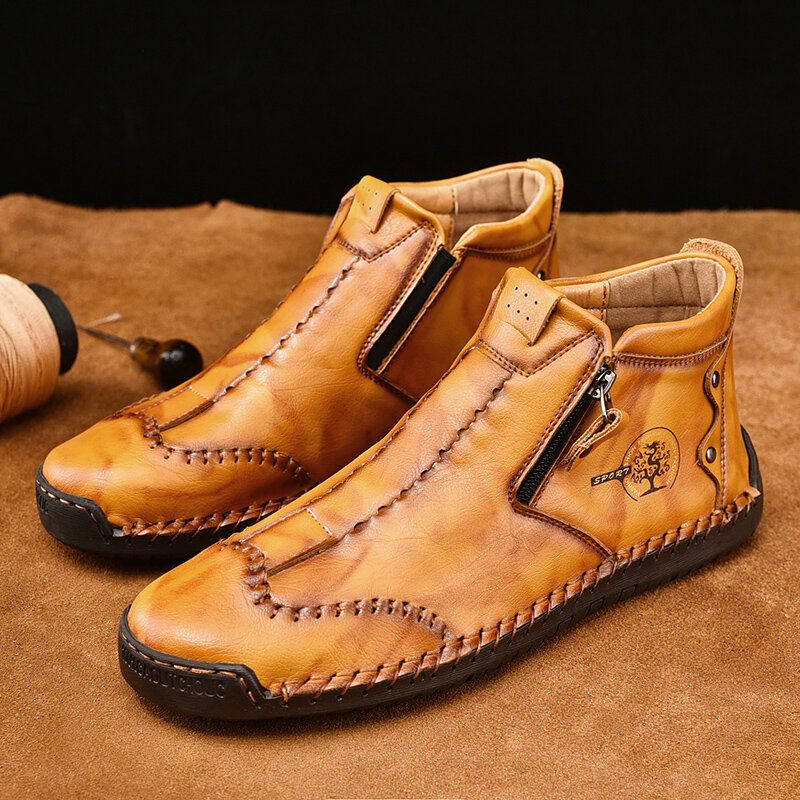 Hommes Cuir Respirant Couture À La Main Semelle Souple Confortable Brève Fermeture Éclair Décontracté Bottines