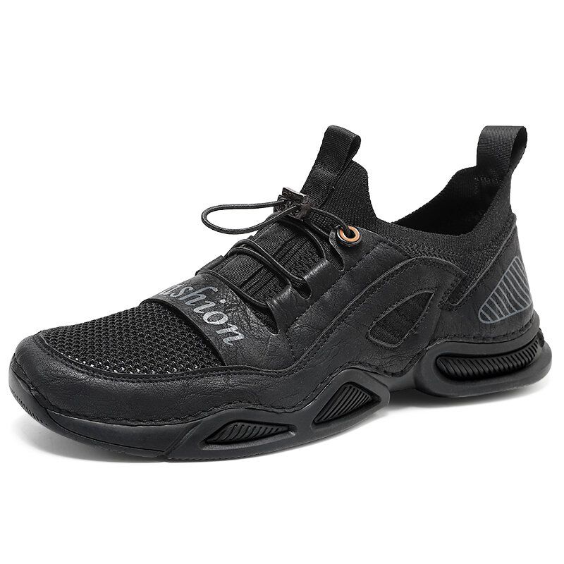 Hommes Cuir Respirant Maille Tissu Confortable Fond Souple Bande Élastique Chaussures De Sport Décontractées