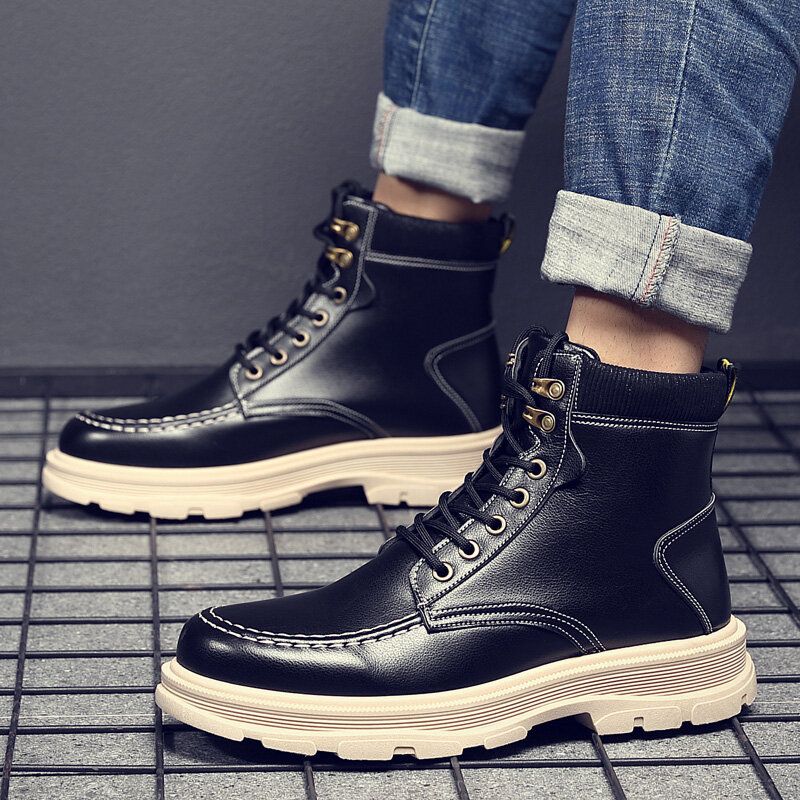 Hommes Cuir Respirant Semelle Souple Comfy England Style Pure Color Casual Martin Boots