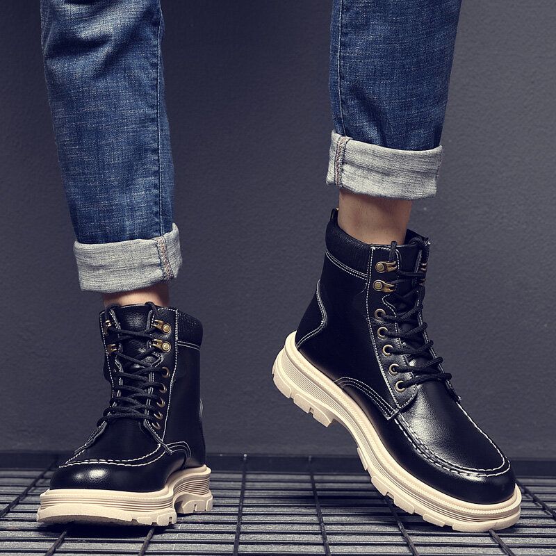 Hommes Cuir Respirant Semelle Souple Comfy England Style Pure Color Casual Martin Boots