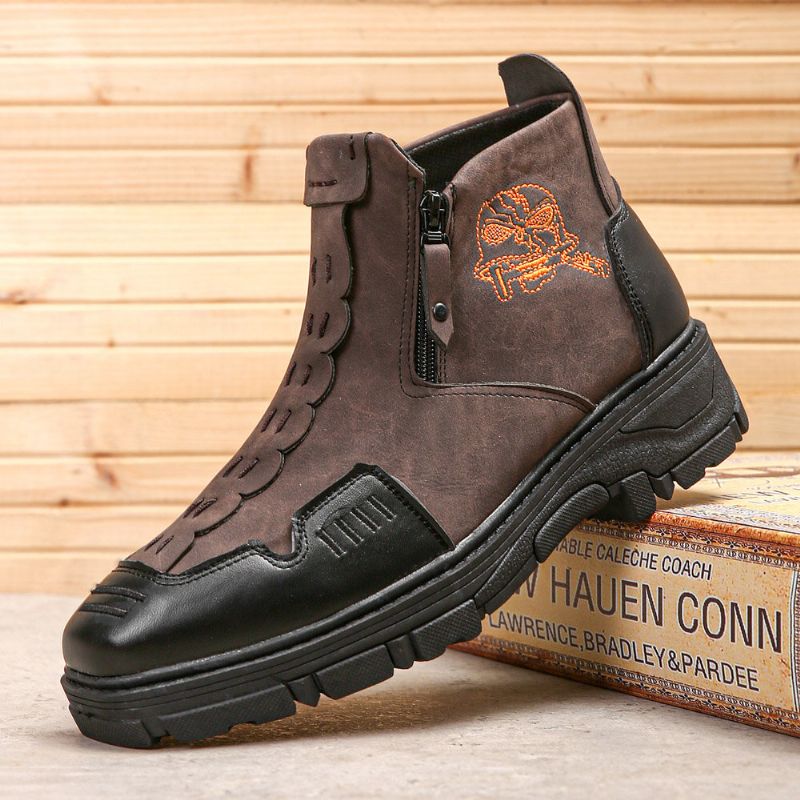 Hommes Cuir Respirant Semelle Souple Halloween Crâne Motif Fermeture Éclair Décontracté Martin Bottines