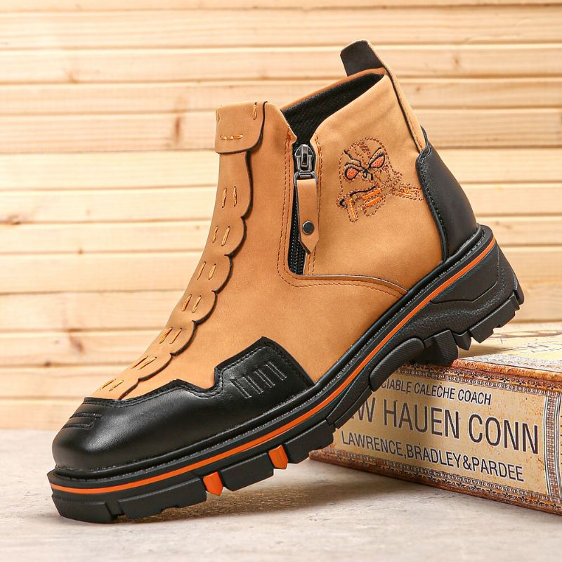 Hommes Cuir Respirant Semelle Souple Halloween Crâne Motif Fermeture Éclair Décontracté Martin Bottines