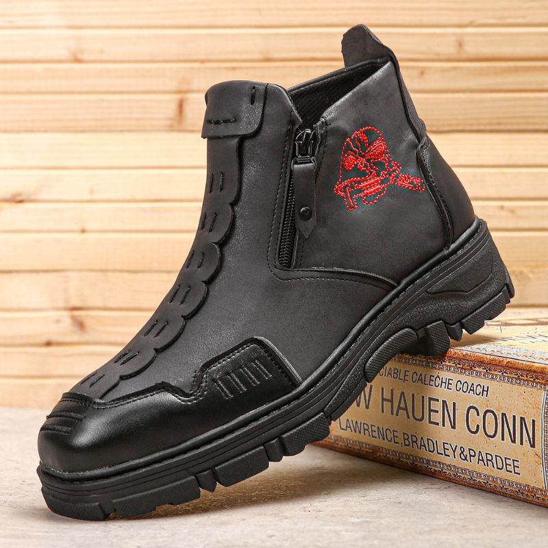 Hommes Cuir Respirant Semelle Souple Halloween Crâne Motif Fermeture Éclair Décontracté Martin Bottines