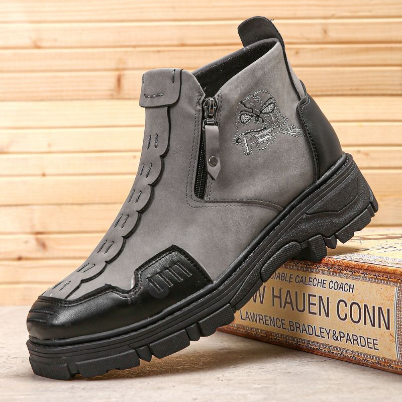 Hommes Cuir Respirant Semelle Souple Halloween Crâne Motif Fermeture Éclair Décontracté Martin Bottines