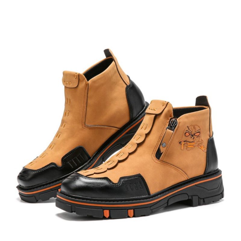 Hommes Cuir Respirant Semelle Souple Halloween Crâne Motif Fermeture Éclair Décontracté Martin Bottines