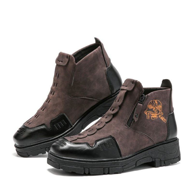 Hommes Cuir Respirant Semelle Souple Halloween Crâne Motif Fermeture Éclair Décontracté Martin Bottines