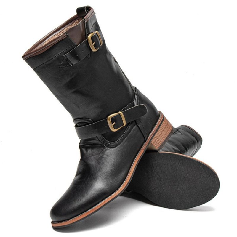 Hommes Cuir Rétro Bout Rond Antidérapant Confortable Slip On Solid Casual Martin Bottes