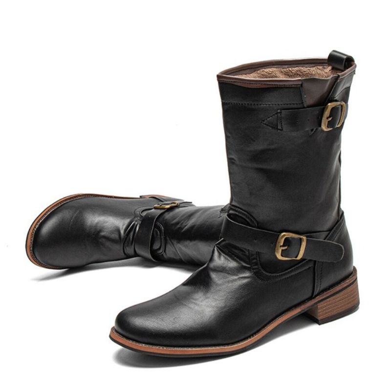 Hommes Cuir Rétro Bout Rond Antidérapant Confortable Slip On Solid Casual Martin Bottes