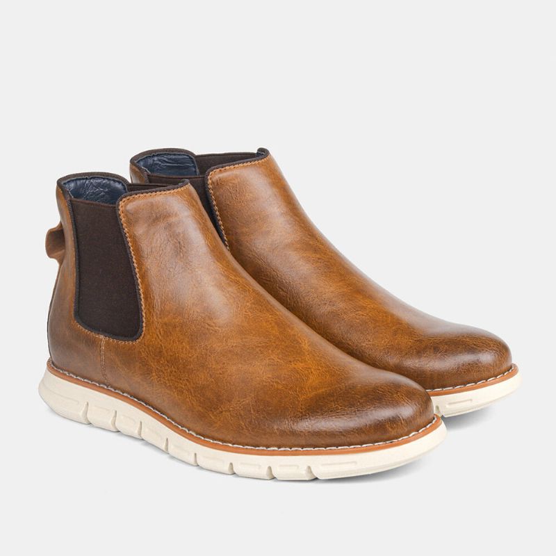 Hommes Cuir Semelle Souple Bout Rond Slip On Trendy Chelsea Casual Boots