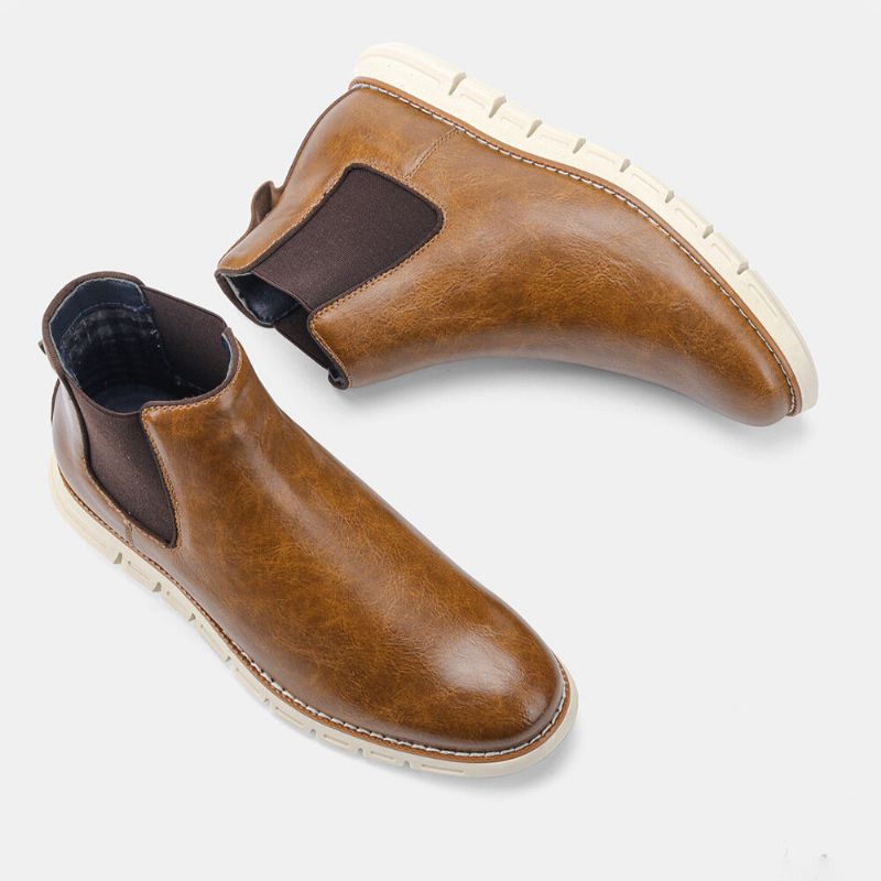 Hommes Cuir Semelle Souple Bout Rond Slip On Trendy Chelsea Casual Boots